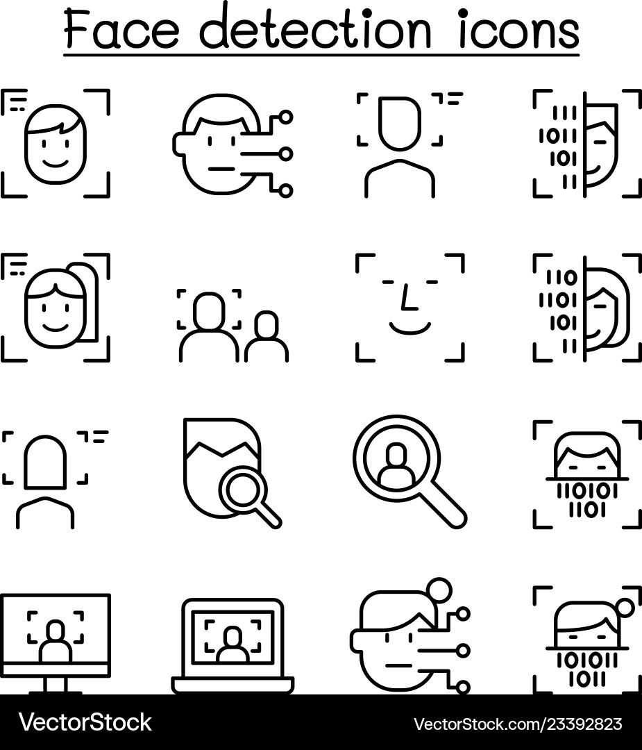 Face detection recognition icon set in thin Face detection recognition icon set in thin vector image