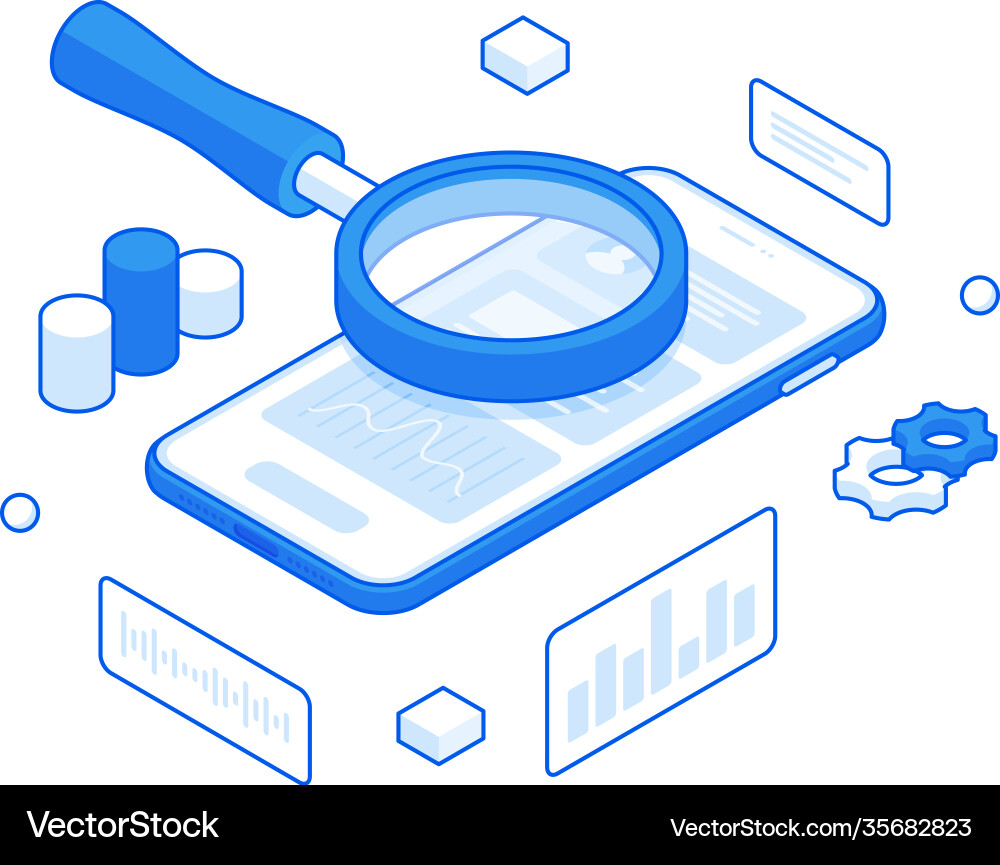 Modern smartphone with magnifier during data Modern smartphone with magnifier during data vector image