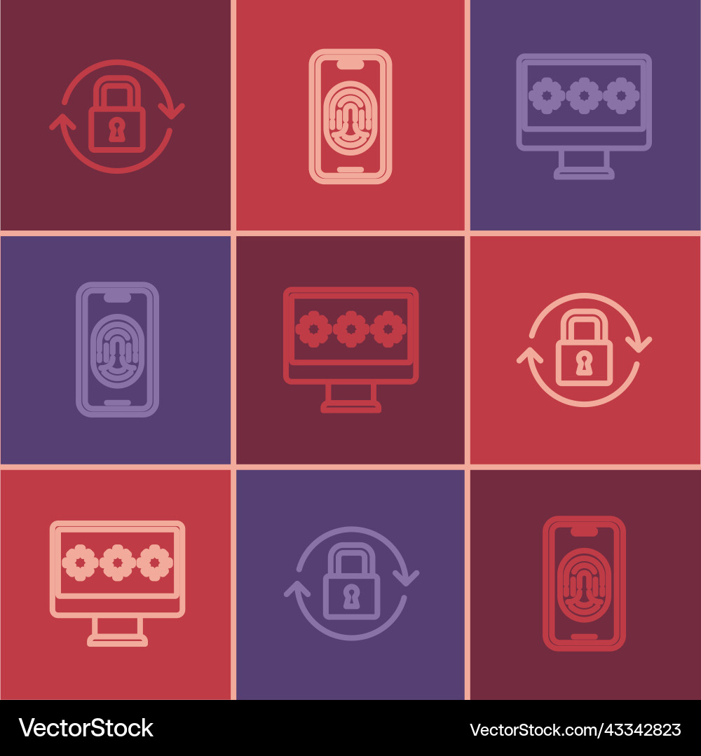 Set line lock monitor with password and mobile Set line lock monitor with password and mobile vector image