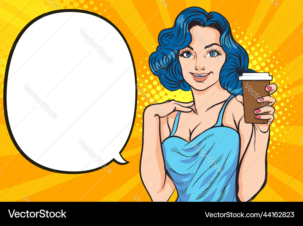 Surprised beautiful young woman show drink Surprised beautiful young woman show drink Vector Image