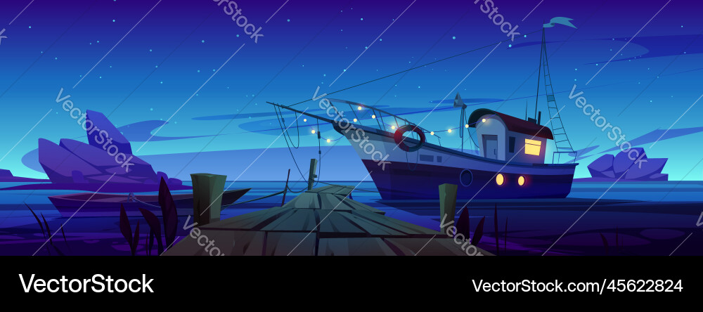 Fishing boats at pier in lake river or sea harbor Fishing boats at pier in lake river or sea harbor vector image