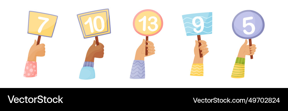 Numbers in raised up hands as numeric scorecard Numbers in raised up hands as numeric scorecard vector image
