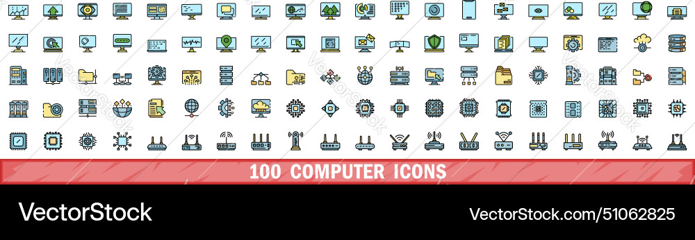 100 computer icons set color line style 100 computer icons set color line style vector image
