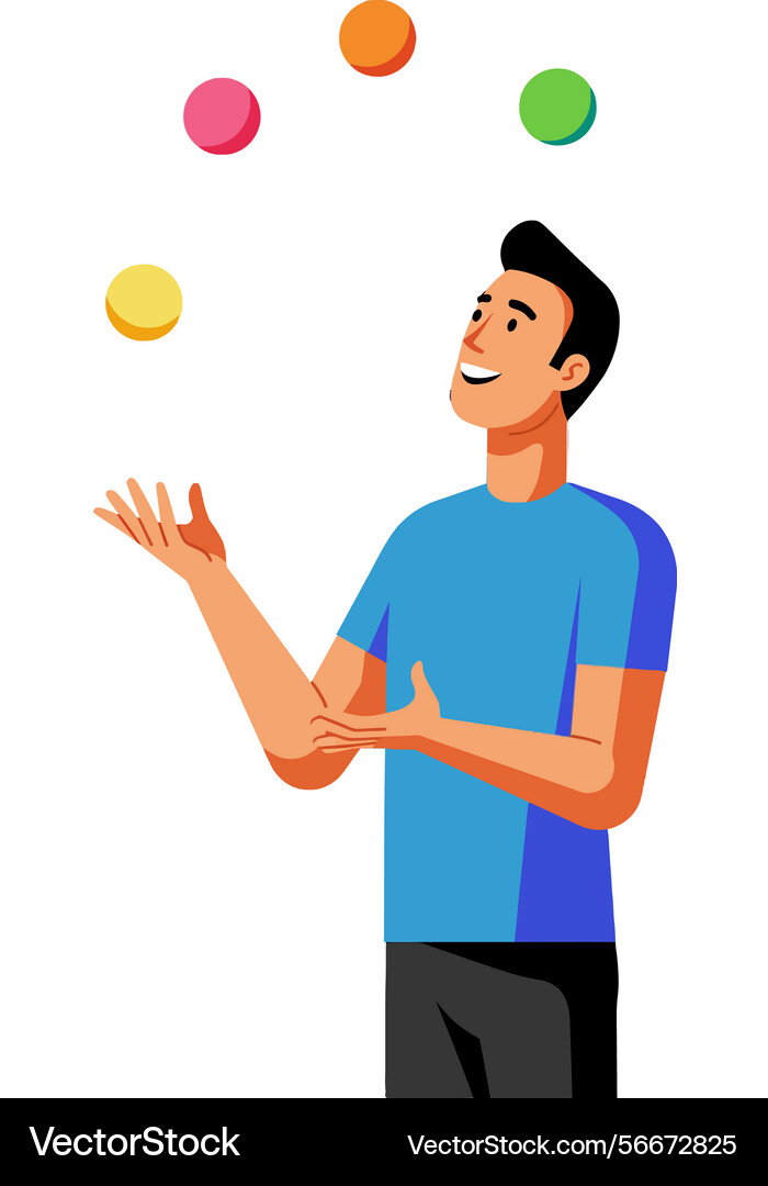 Man juggling colorful balls in dynamic pose Man juggling colorful balls in dynamic pose Vector Image