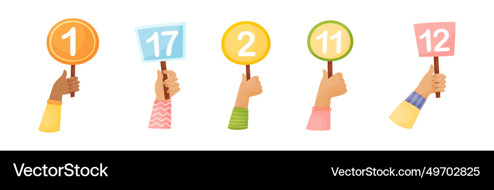 Numbers in raised up hands as numeric scorecard Numbers in raised up hands as numeric scorecard vector image