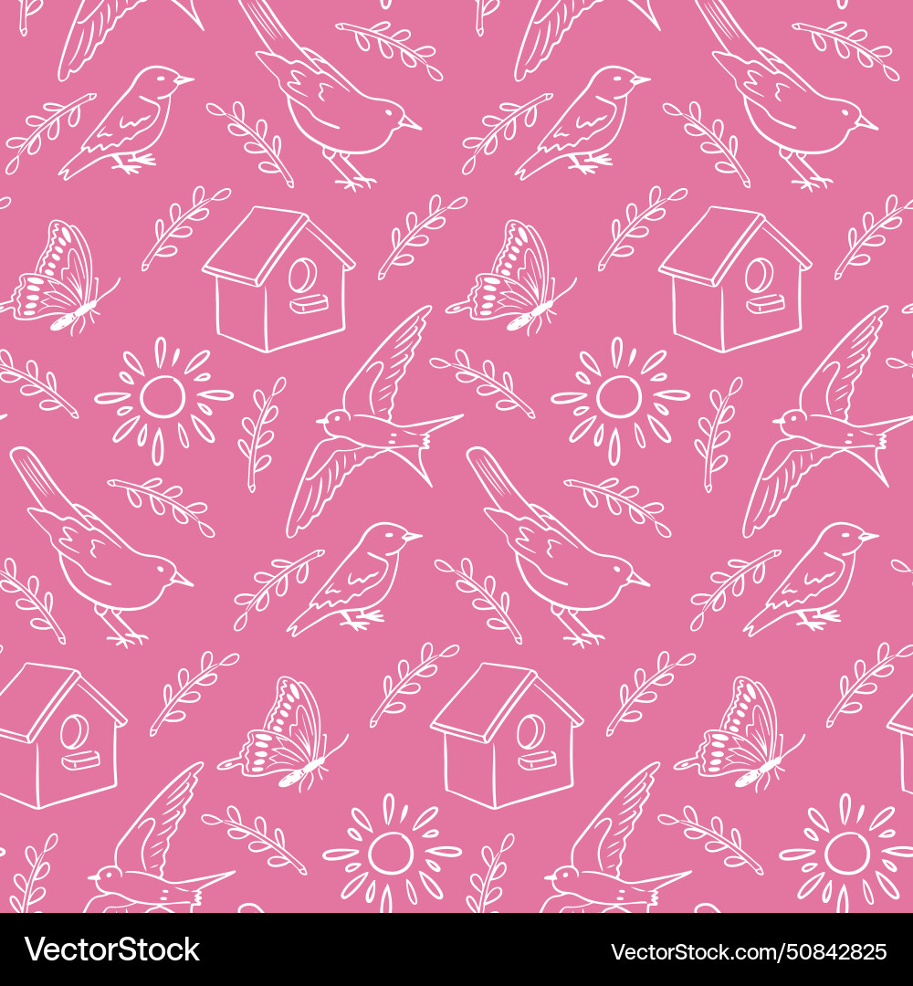 Spring seamless pattern with outline birds Vector Image