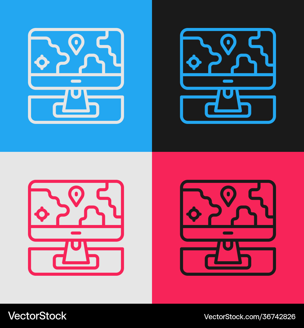 Pop art line computer monitor and folded map Pop art line computer monitor and folded map vector image