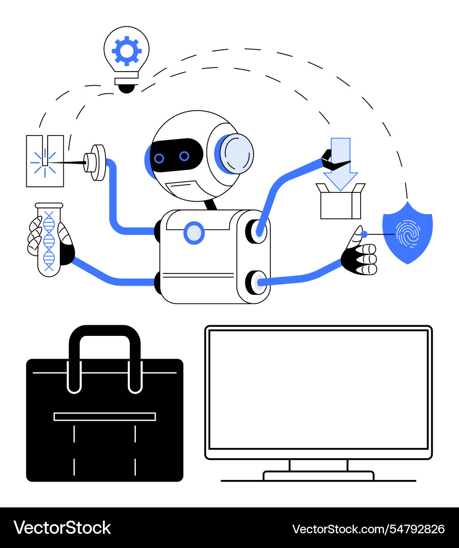 Robot performing multiple tasks including research vector image