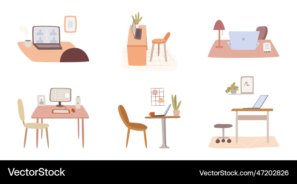 Set of office tables with computers and chairs Set of office tables with computers and chairs vector image