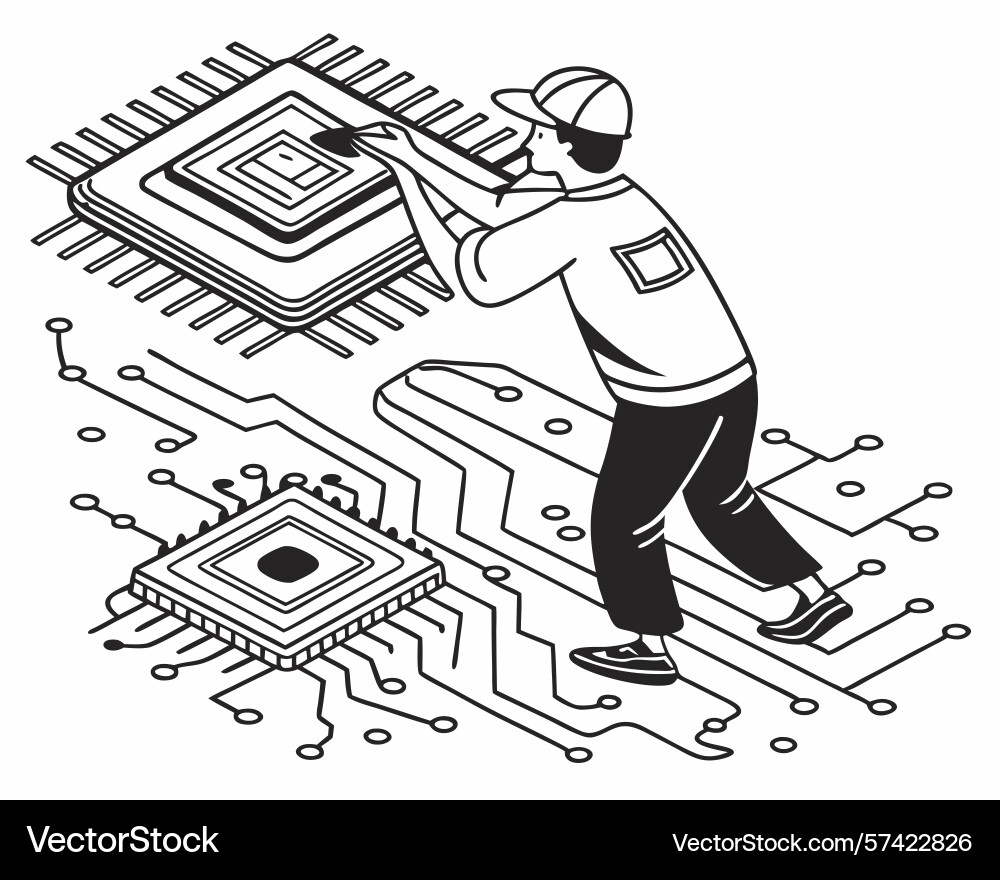 Technician installing a microchip on circuit Technician installing a microchip on circuit vector image