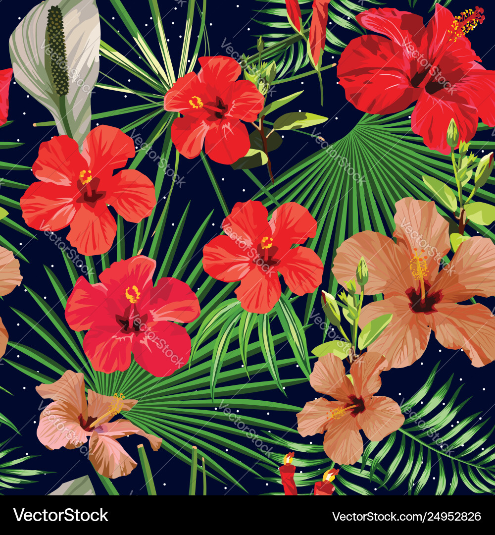 Tropical Hibiscus Night Pattern Vector Image