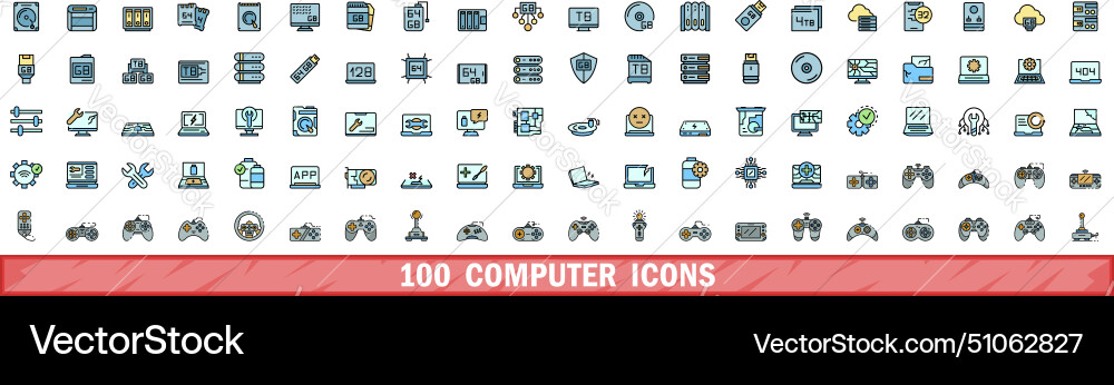 100 Computer-Symbole setzen Farblinie Stil Vektorbild