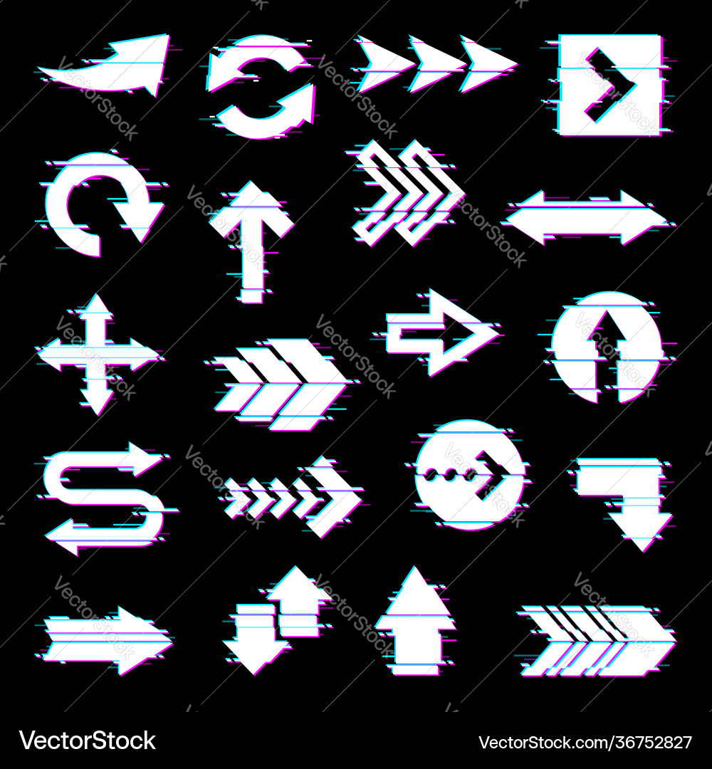 Arrows and pointers set with screen glitch effect Arrows and pointers set with screen glitch effect vector image