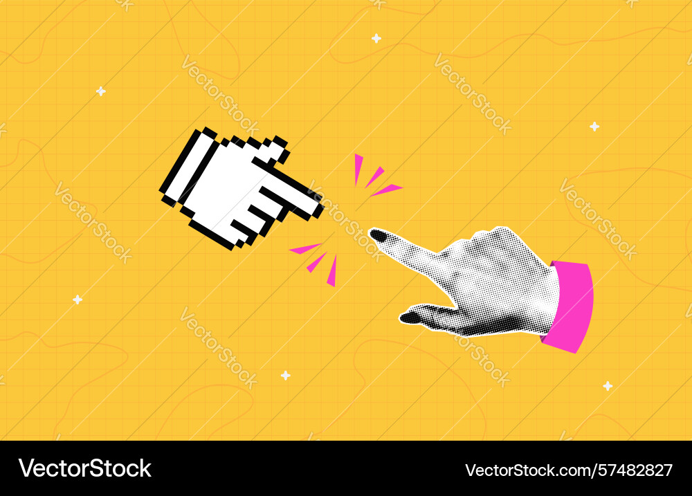 Hand which touching finger with pixel mouse cursor Hand which touching finger with pixel mouse cursor vector image