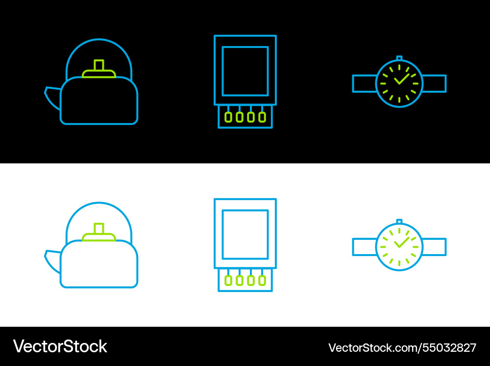 Set line wrist watch kettle with handle and open Set line wrist watch kettle with handle and open vector image