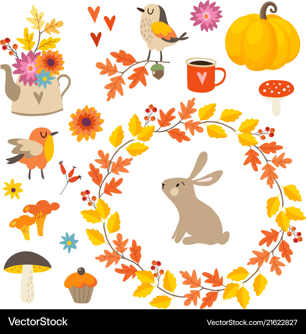 Set of cute hand-drawn autumn elements birds Set of cute hand-drawn autumn elements birds vector image