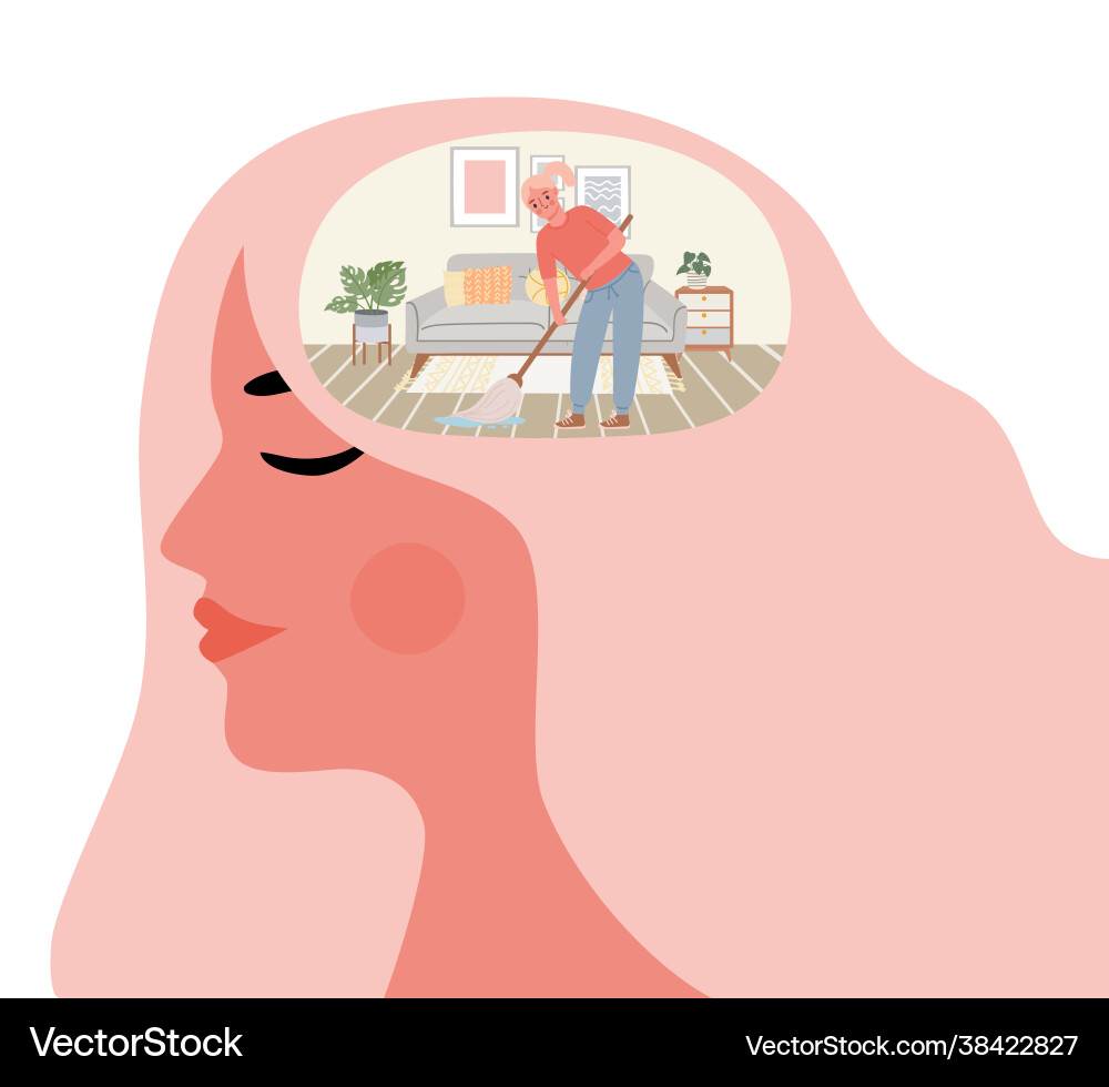 Woman cleanse mind mental cleaning in room inside Woman cleanse mind mental cleaning in room inside vector image