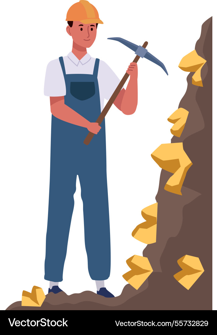 Gold mining worker digging with pickaxe Vector Image