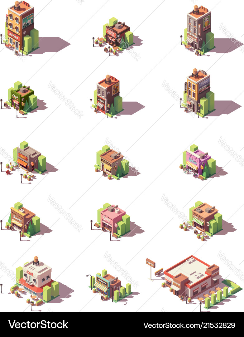 Isometric restaurants types icons Royalty Free Vector Image