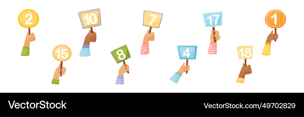 Numbers in raised up hands as numeric scorecard Numbers in raised up hands as numeric scorecard vector image