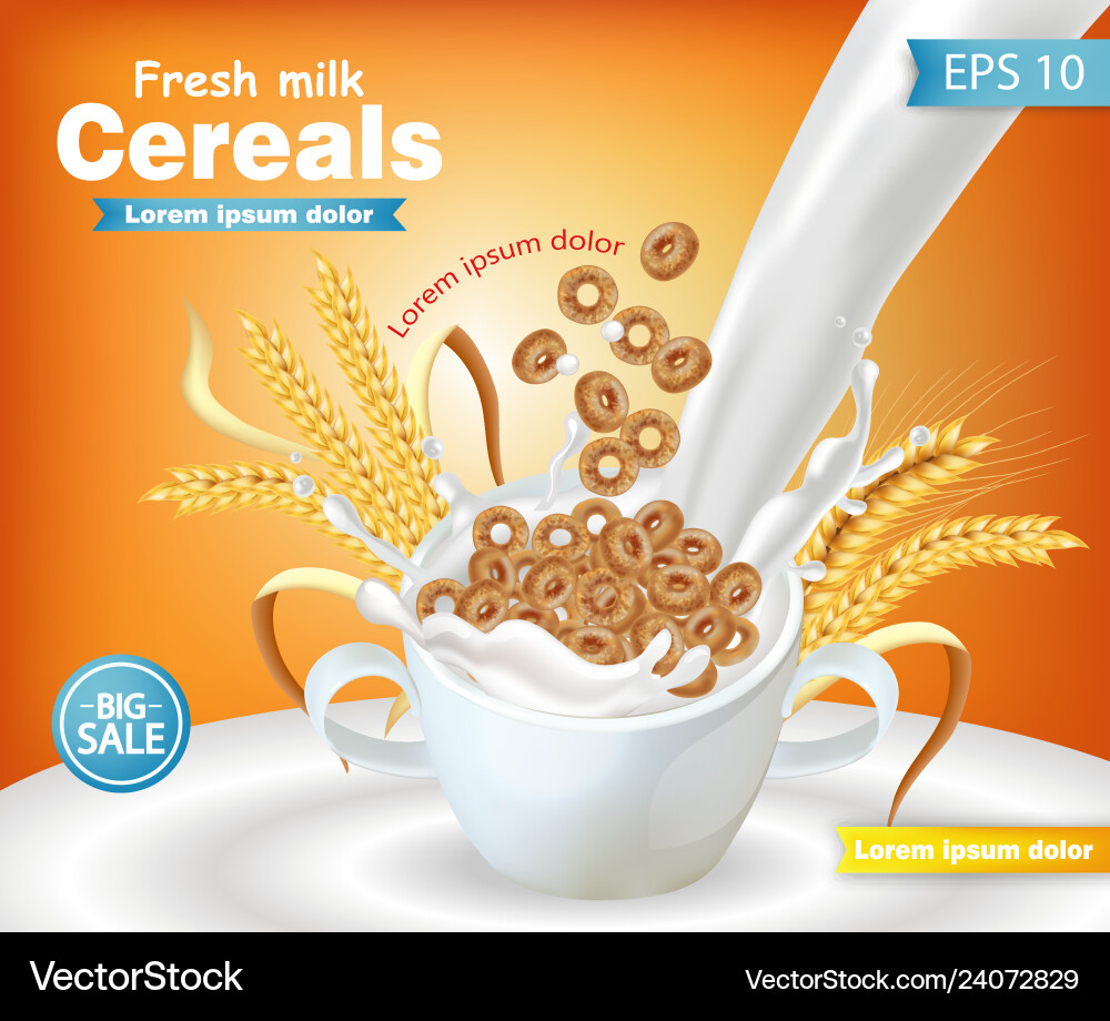 Rye cereals bowl with milk splash realistic Rye cereals bowl with milk splash realistic vector image