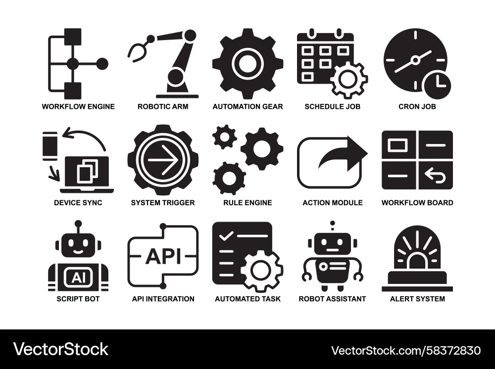 Automation process filled icon set Automation process filled icon set Vector Image