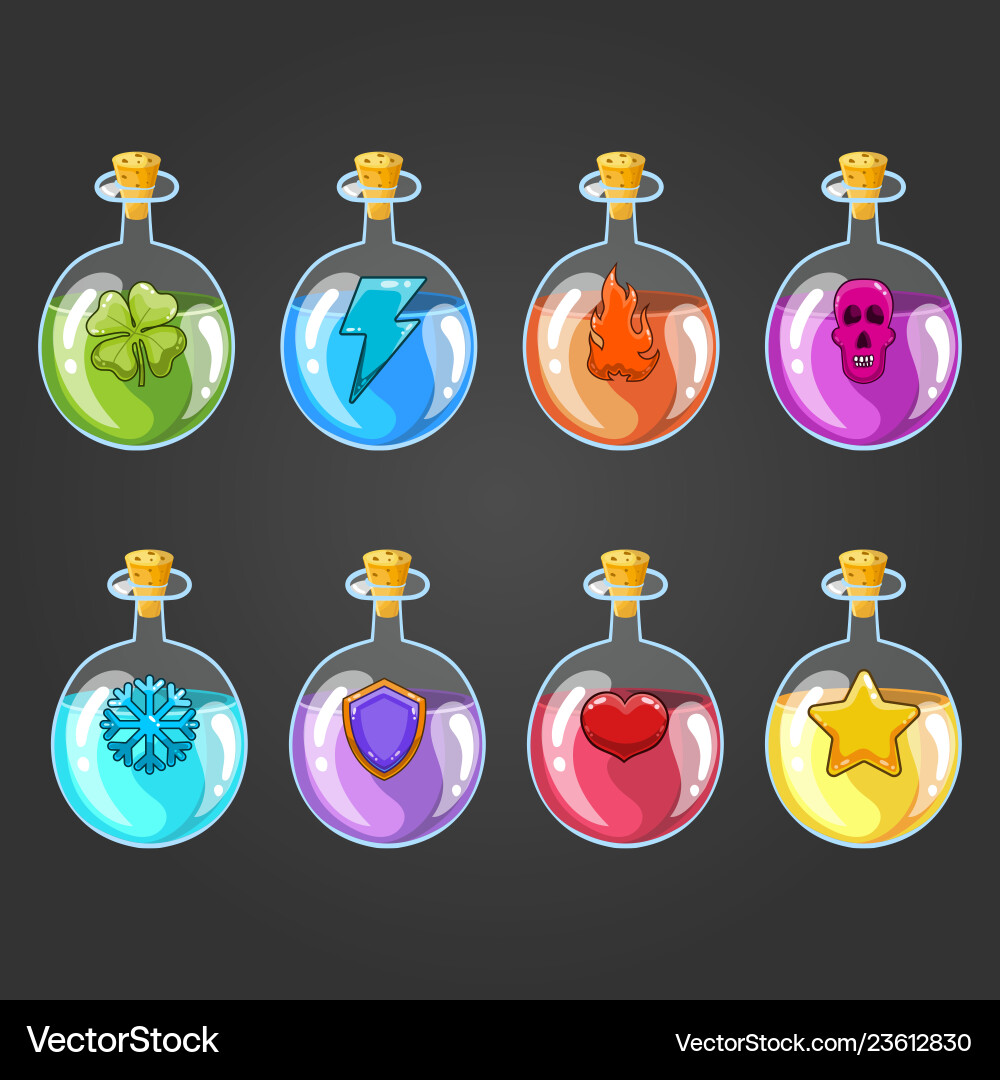 Big set of flasks with different poisons Big set of flasks with different poisons vector image