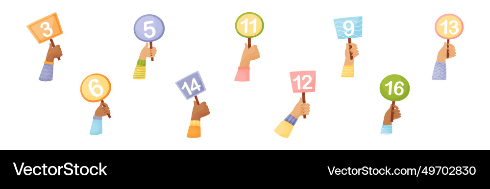 Numbers in raised up hands as numeric scorecard Numbers in raised up hands as numeric scorecard vector image