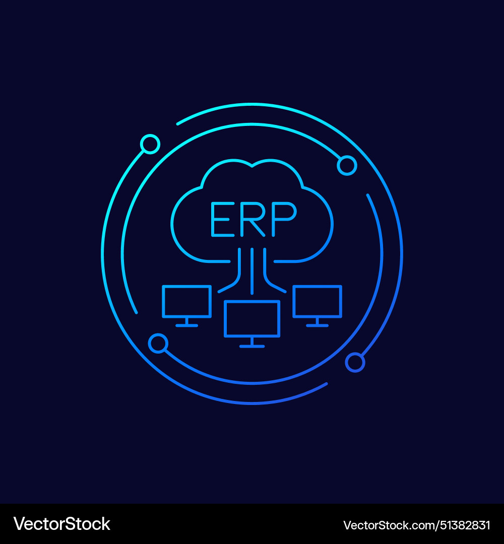 Erp software solutions icon with a cloud linear Erp software solutions icon with a cloud linear vector image