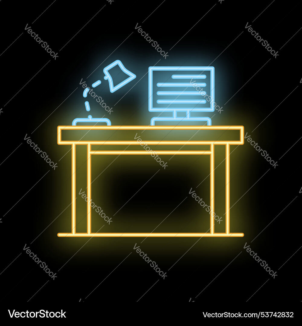 Neon office desk with computer and lamp Neon office desk with computer and lamp vector image