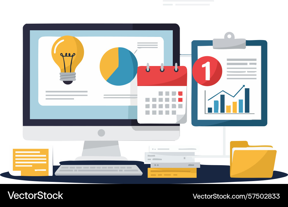 Computer monitor with lightbulb idea and pie vector image