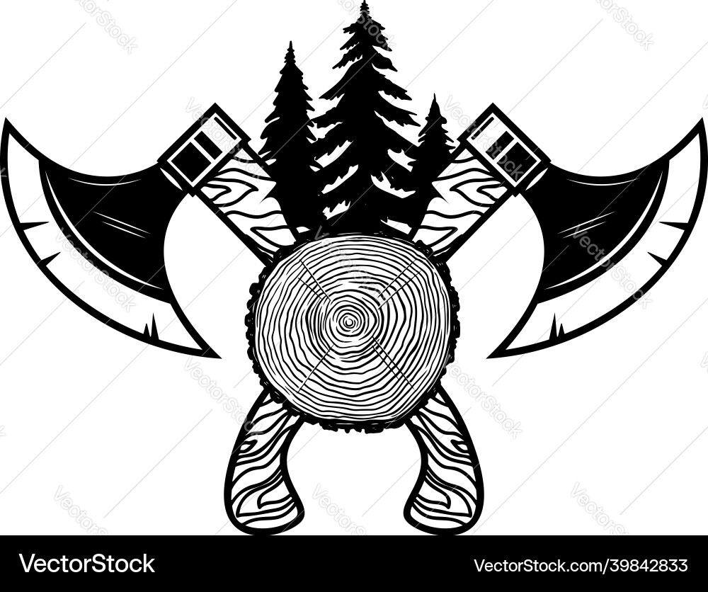 Crossed lumberjack axes with wood cut design vector image