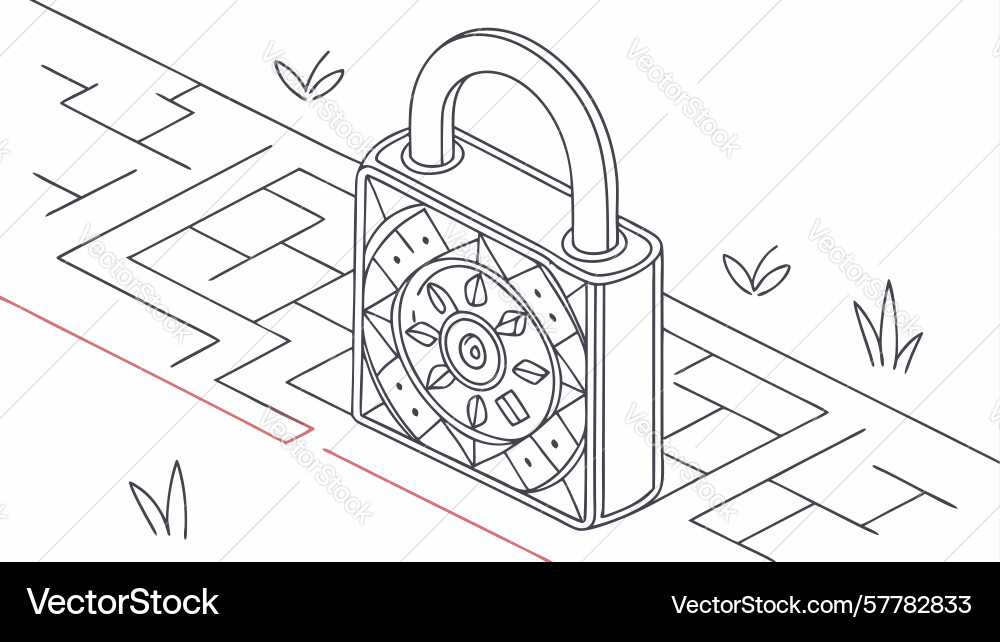 Secure digital access padlock on abstract maze vector image
