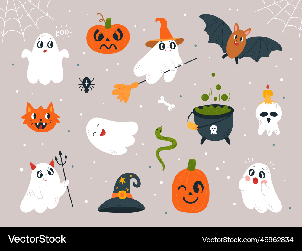 Cute scary characters ghosts pumpkins and cat Vector Image