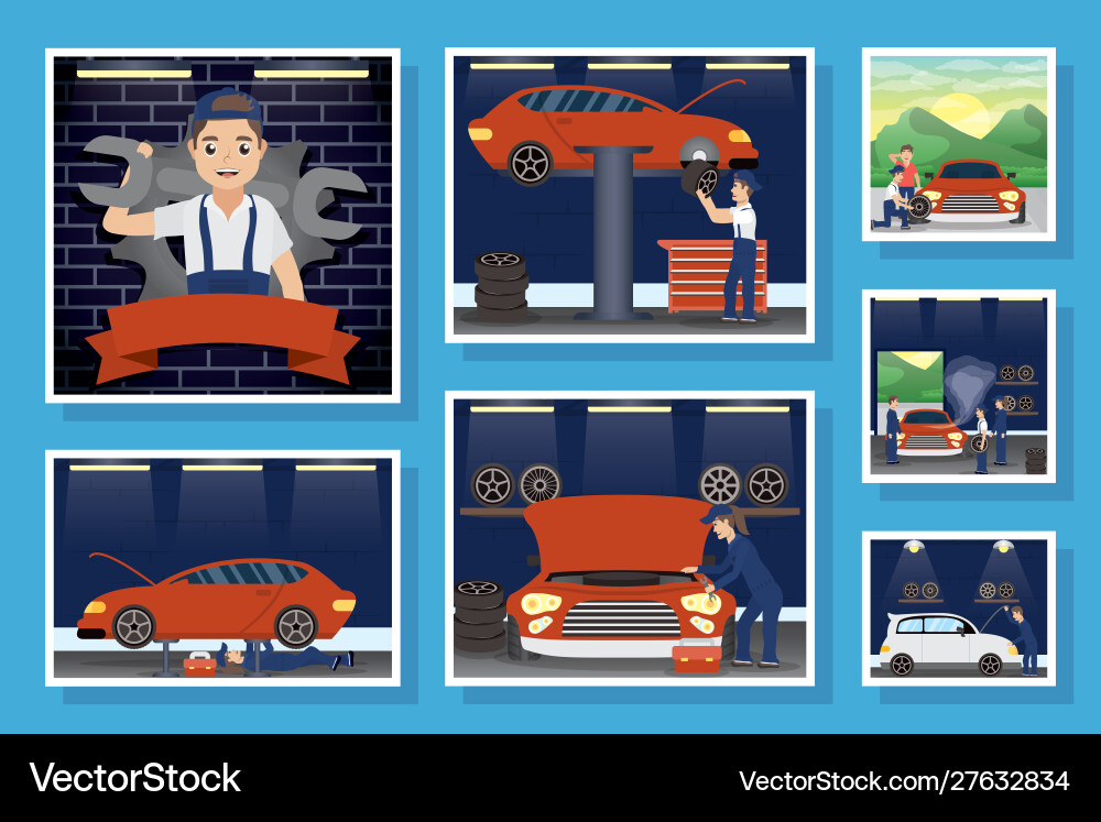 Set scenes with mechanics working characters Vector Image