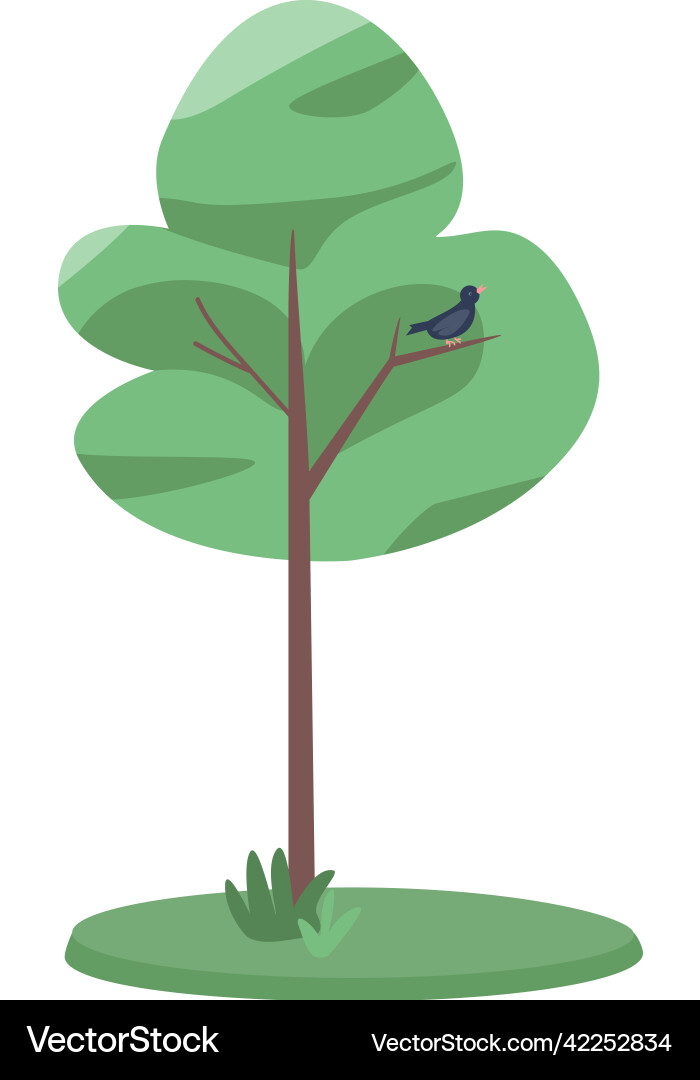 Tree with singing bird semi flat color object Vector Image