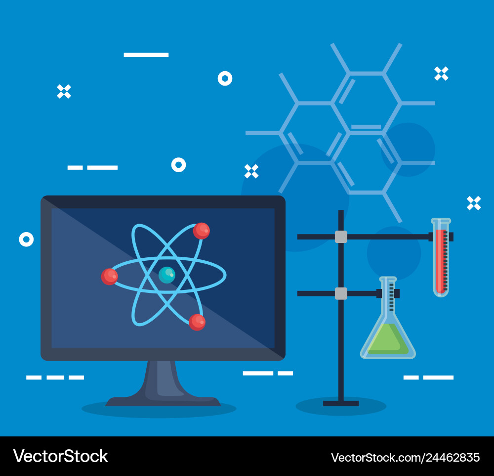 Computer with atom and erlenmeyer flask tube Computer with atom and erlenmeyer flask tube vector image