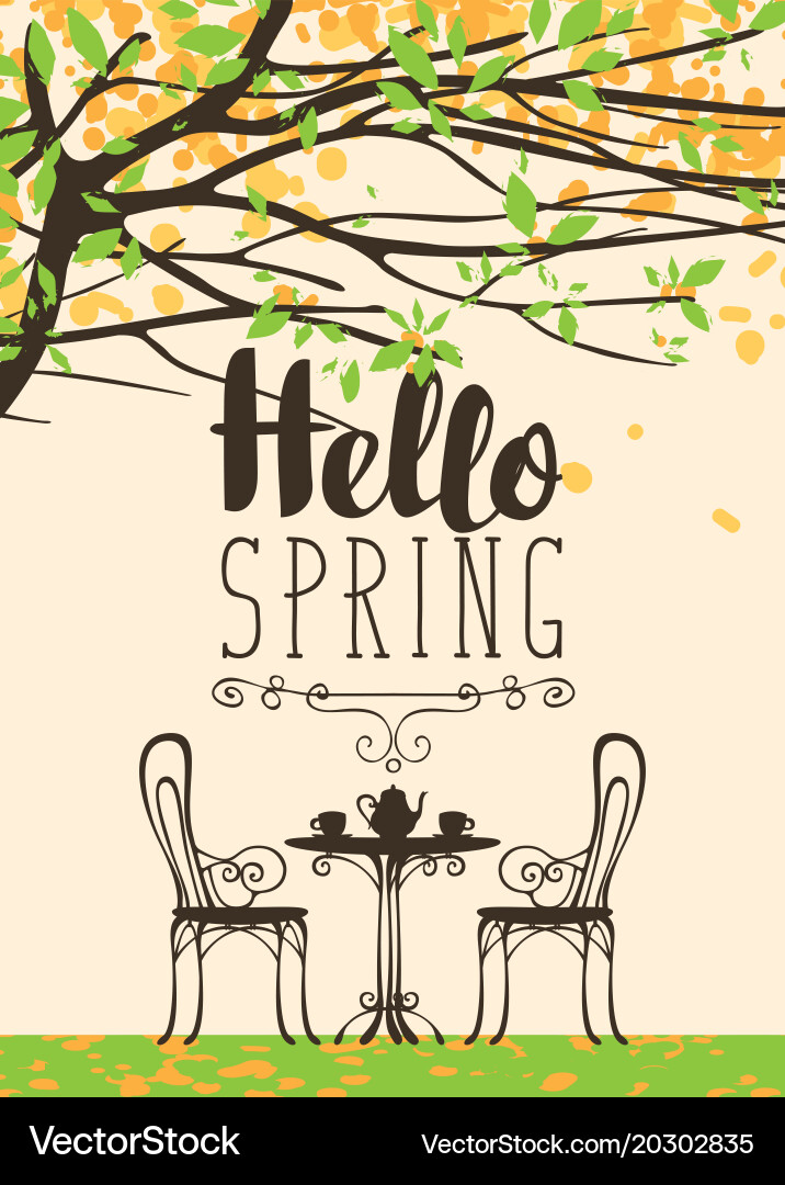 Spring flowering tree table for two and lettering vector image