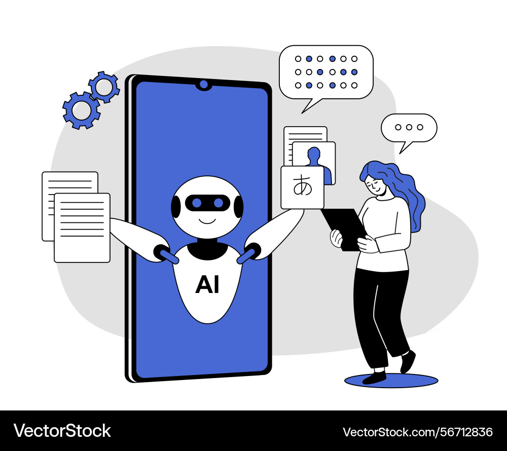 Ai assistant helping user via tablet Ai assistant helping user via tablet vector image