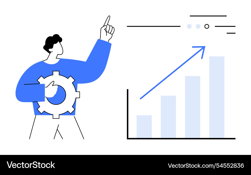 Man pointing at rising bar graph with gear Man pointing at rising bar graph with gear vector image