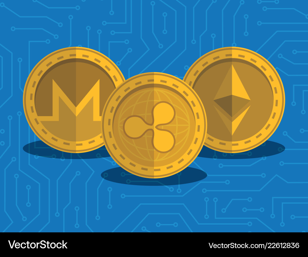 Set virtual coins with circuit background Vector Image