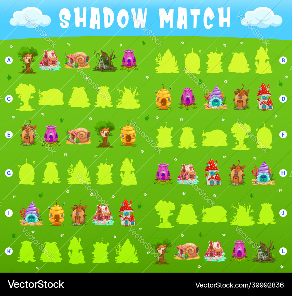 Shadow match game cartoon fairy houses dwellings vector image