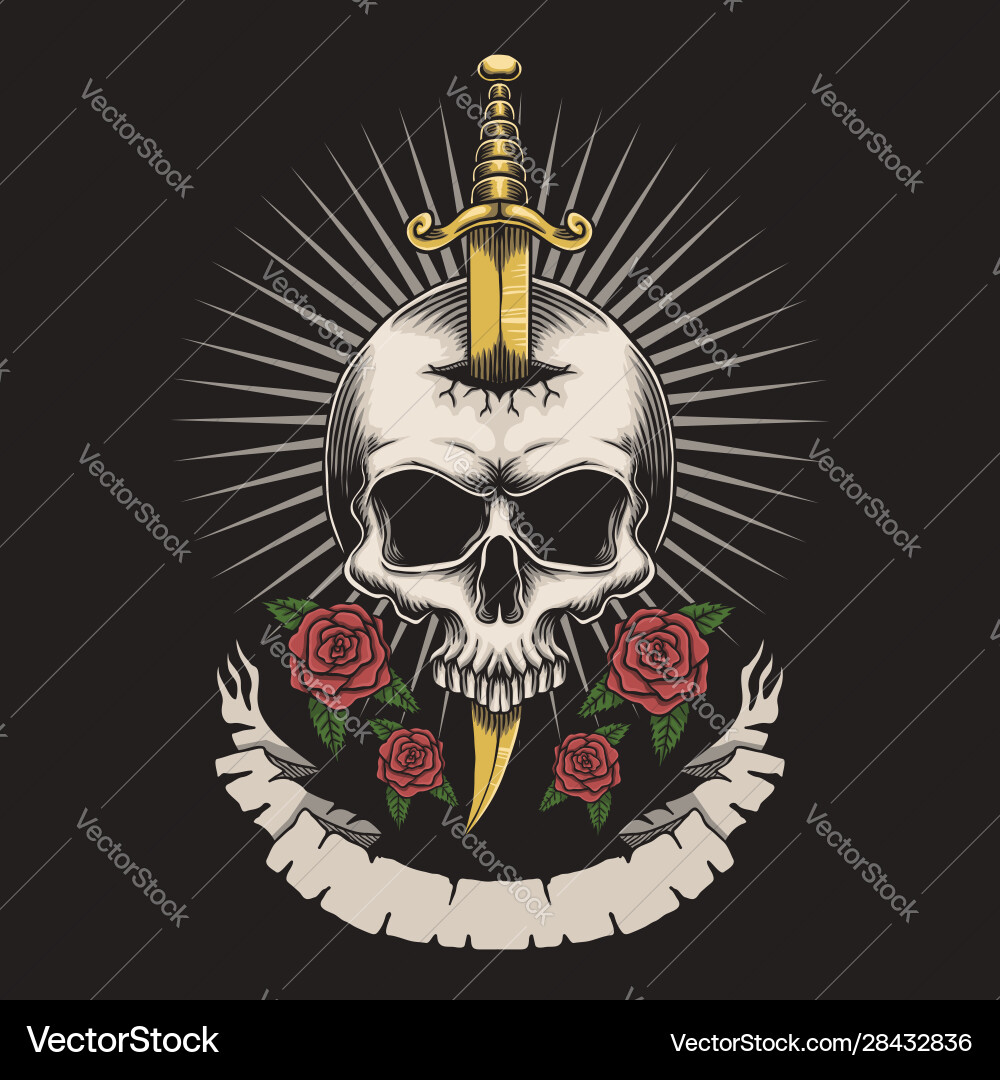Skull with Dagger and Roses Vector Image
