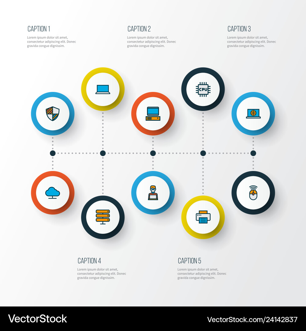 Computer icons colored line set with printer Computer icons colored line set with printer Vector Image