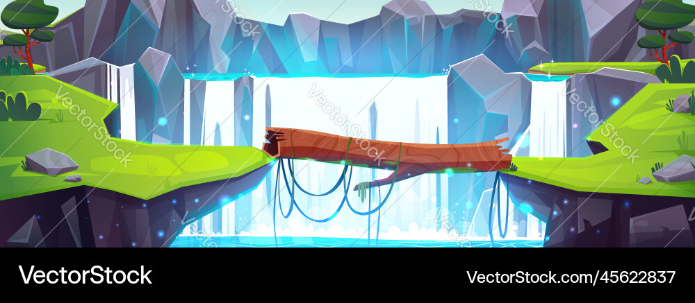 Log bridge across river between cliffs waterfall Vector Image