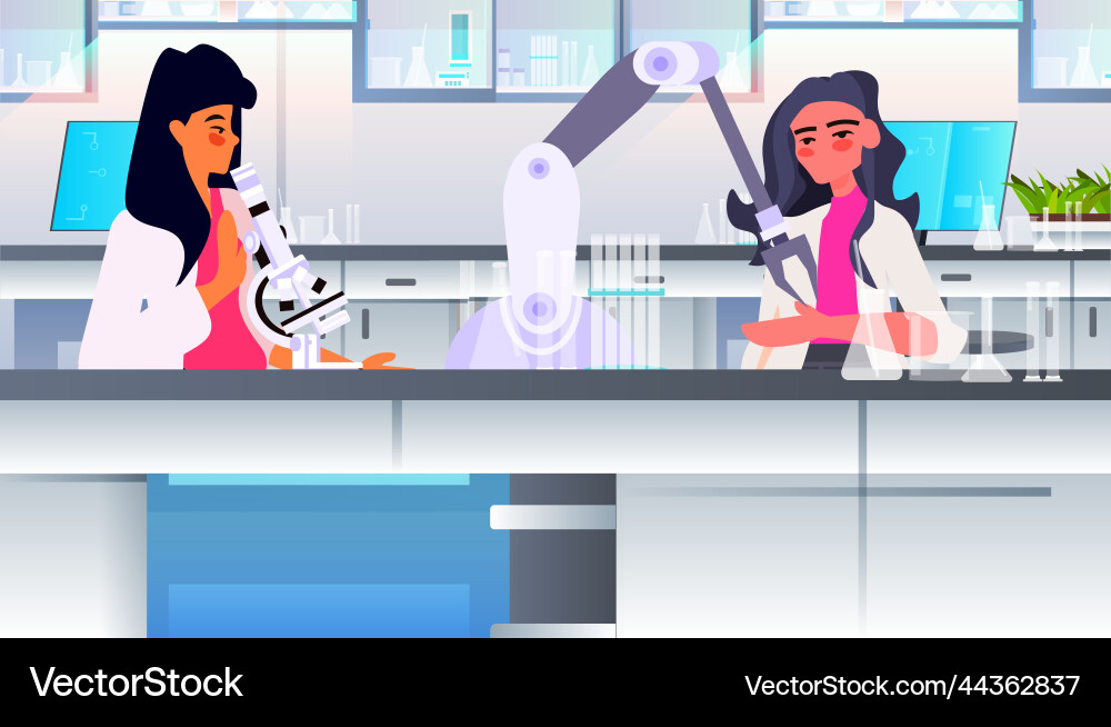 Scientists using microscope and robotic hand Scientists using microscope and robotic hand Vector Image