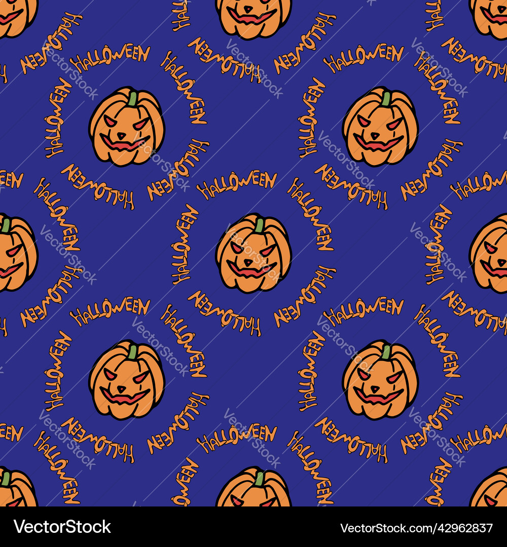 Seamless pattern with scary pumpkin and text Seamless pattern with scary pumpkin and text Vector Image