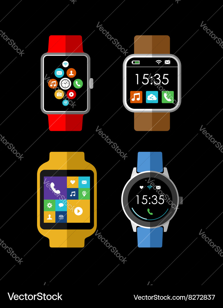 Smart watch set in 2d style with social interface vector image