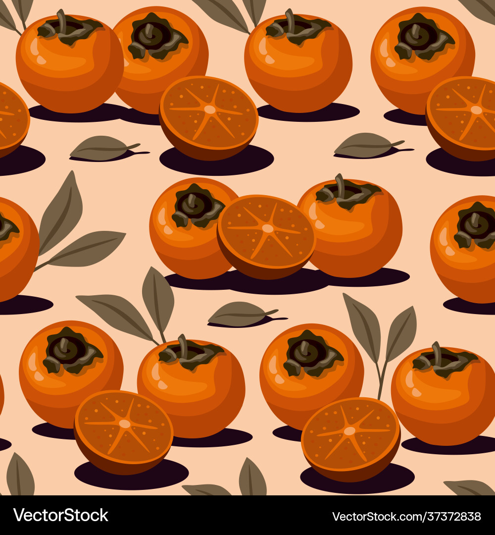 Persimmon and slice with leaves pattern background Persimmon and slice with leaves pattern background Vector Image