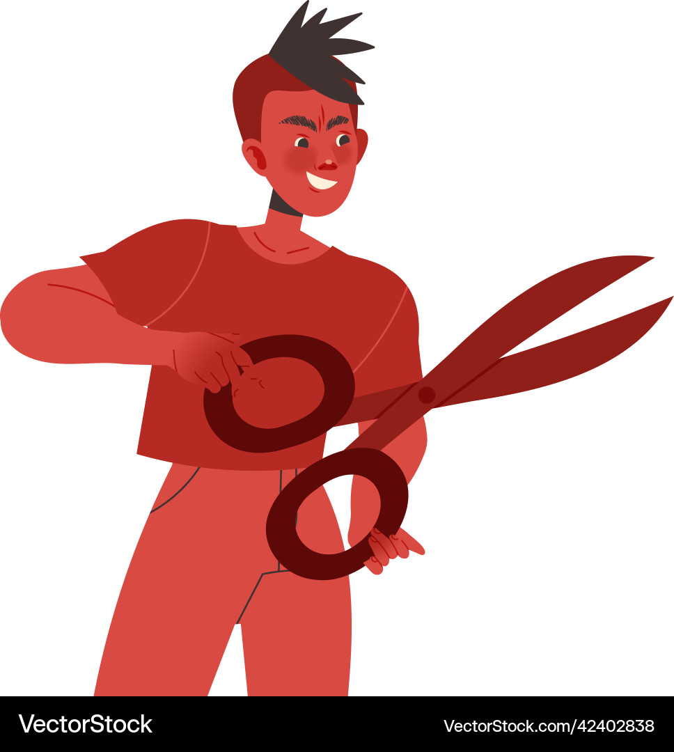 Red man aggressor with scissors abusing Red man aggressor with scissors abusing vector image